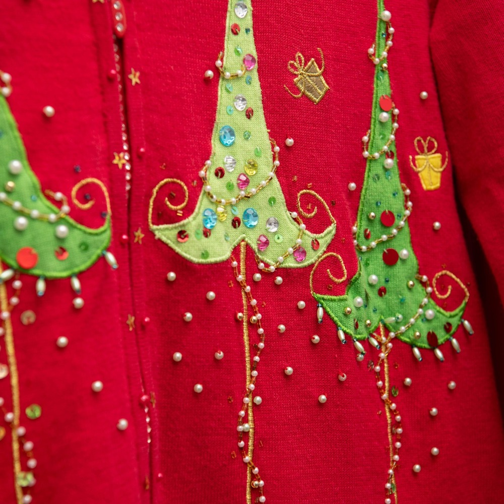 Berek Christmas Sweater Beaded Artsy Trees Sparkly Zip Cardigan Whimsical